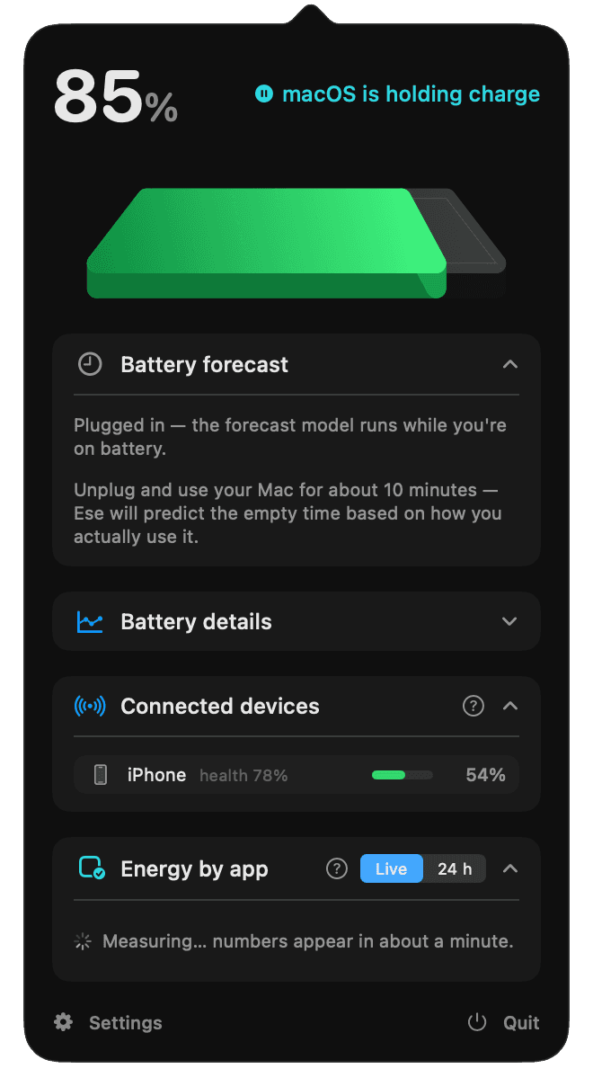 Ese i menylinjen — Power Forecast, gjenstående tid og batteriene rundt deg.